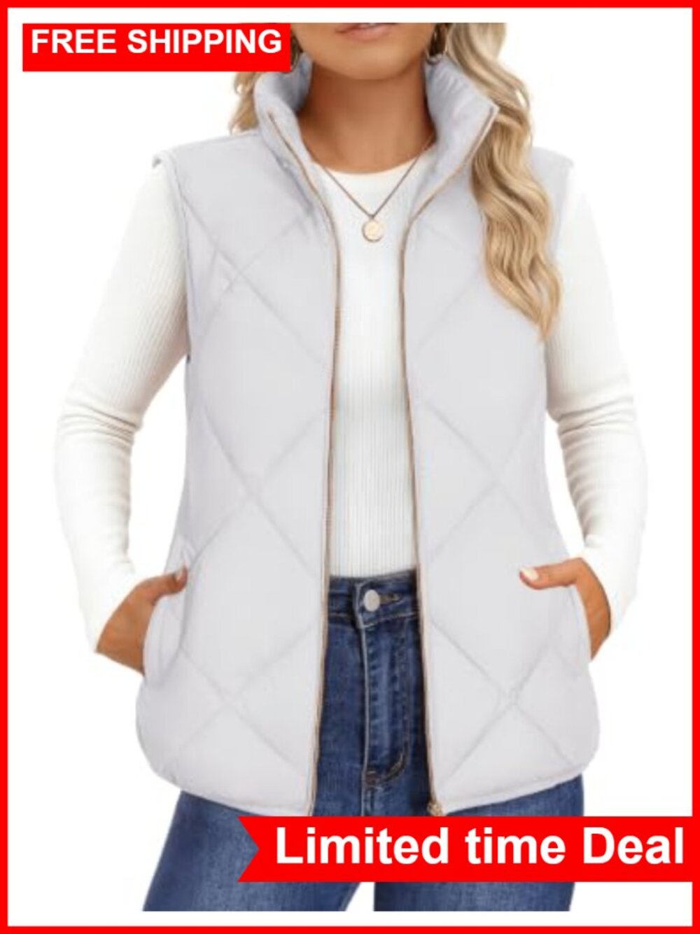Women's Quilted Puffer Vest Stand Collar Zip Sleeveless Lightweight Gilet
